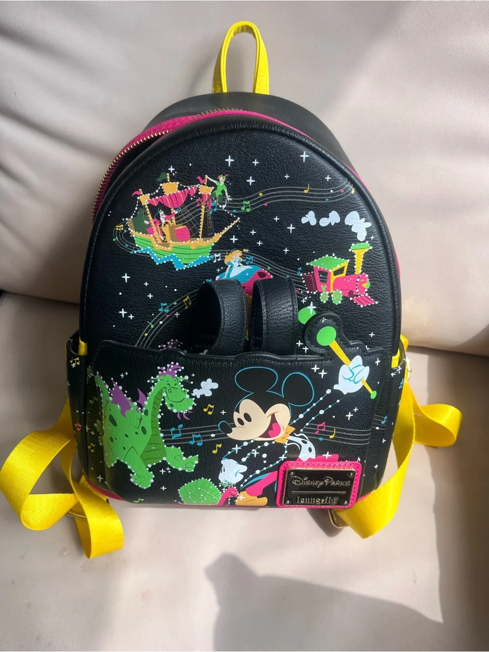 Disney Black Mini Backpack with Yellow Straps and Colorful Mickey Fantasy Print